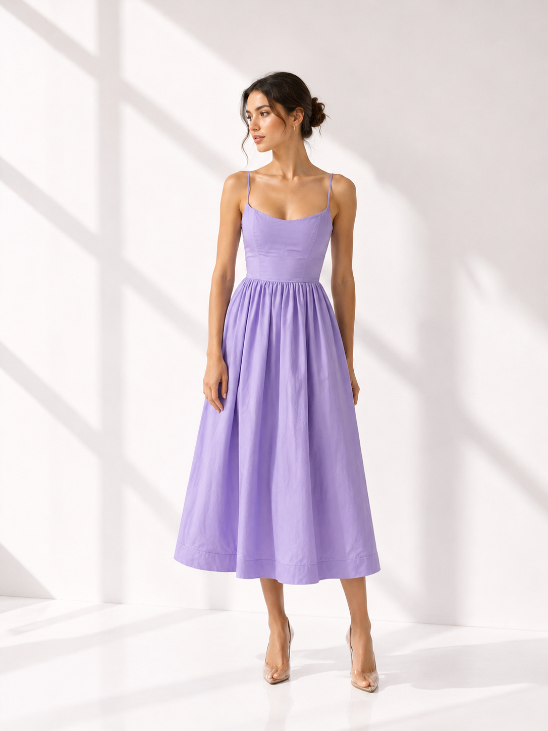 Adjustable Strap Scoop Neck Midi Dress In Purple