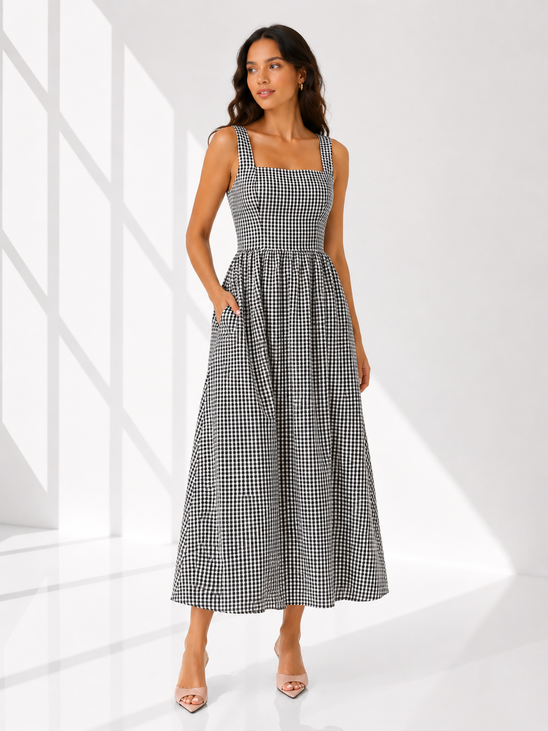 Black Gingham Square Neck Pleated Midi Dress