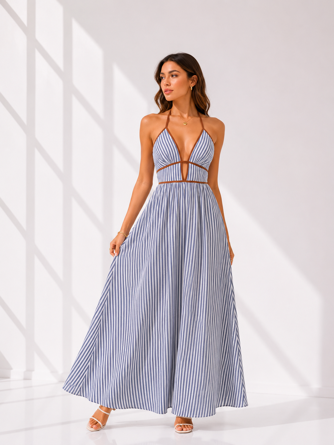blue and white striped halter dress Navy Contrast Trim Neck Maxi vestjes Elegant yet easy to Amara Cotton Maxi Dress Shoe Size:15.5
