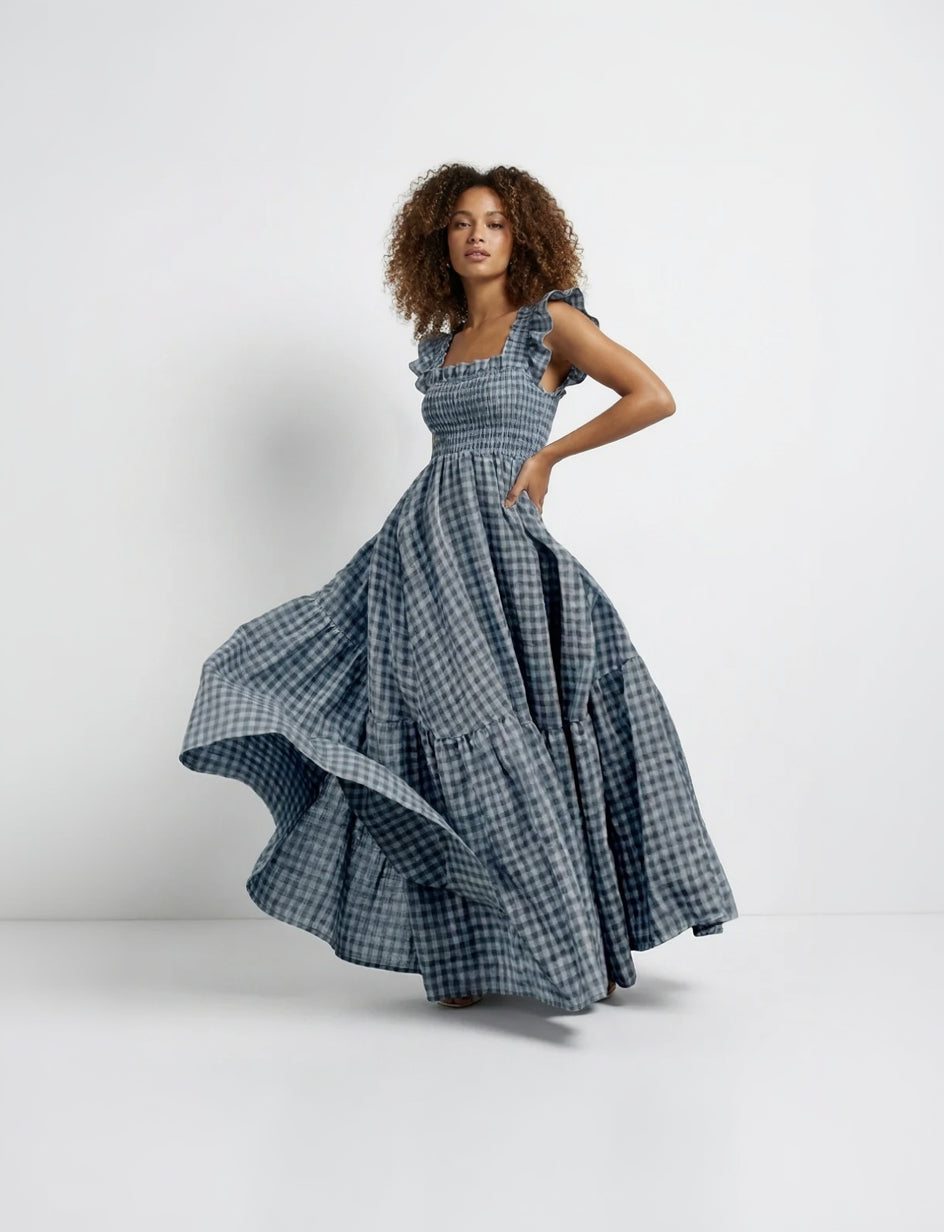 Blue Gingham Smocked Ruffle Maxi Dress