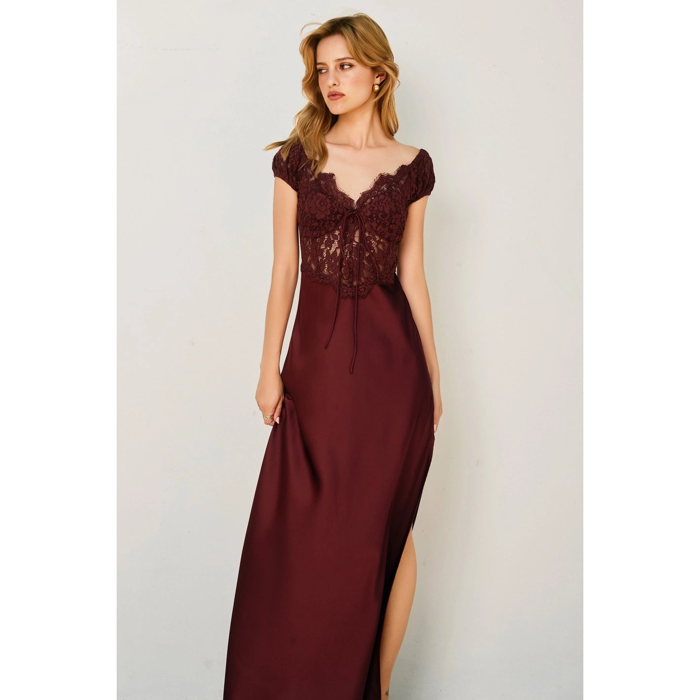 Angela - Burgundy Lace Maxi Dress