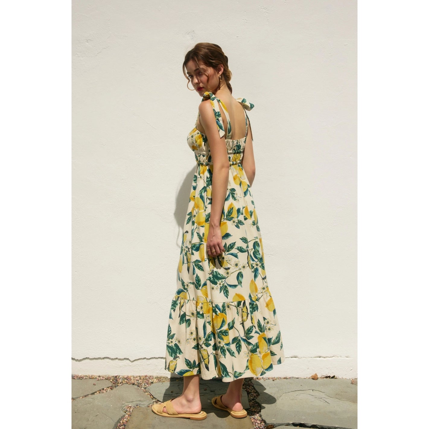 Lemon Print Ribbed Tie Maxi Dress
