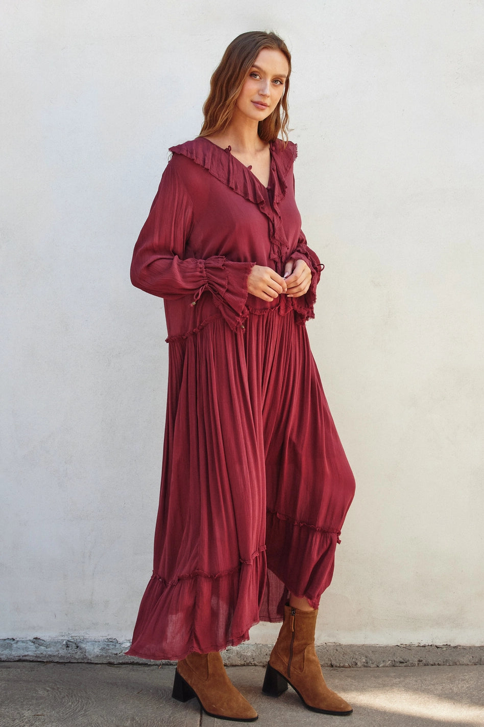 Burgundy Laidback Frill Maxi Dress