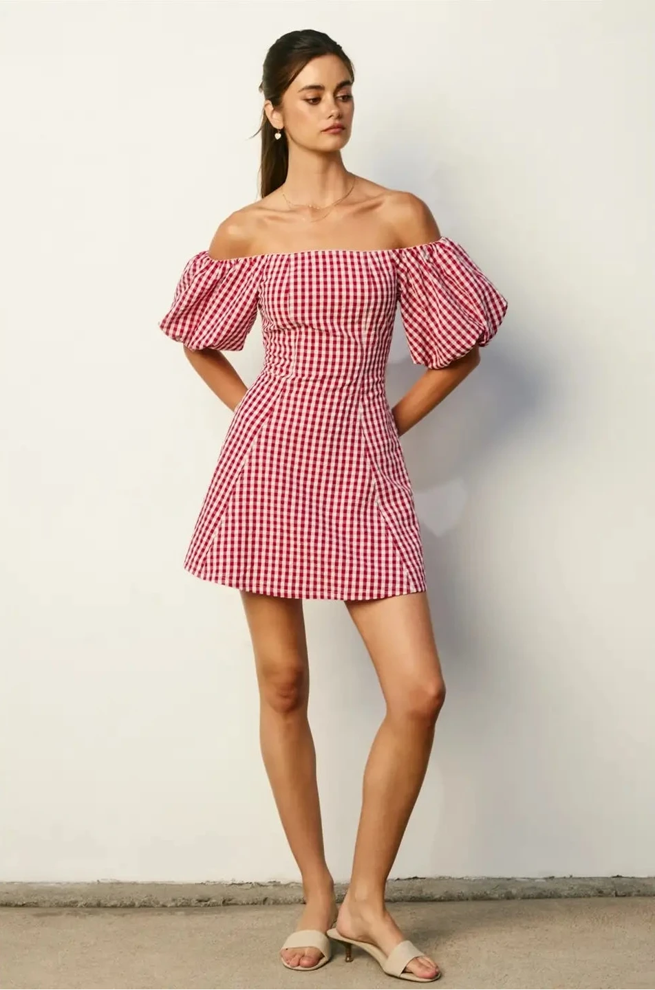 Red Gingham Off-Shoulder Puff Sleeve Mini Dress