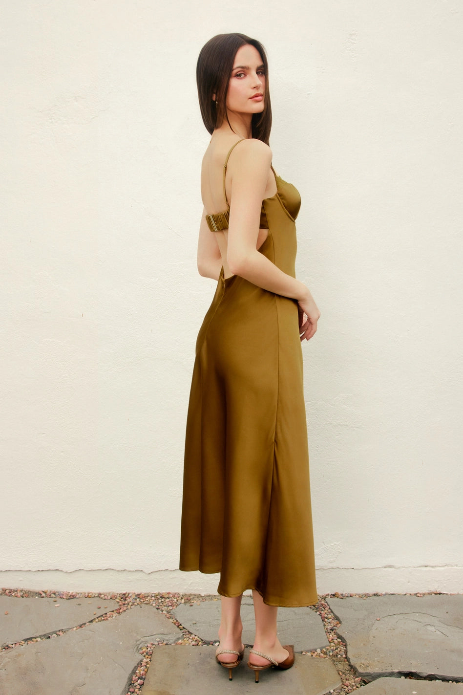 Alice - Olive Satin Lace Trim Slip Midi Dress