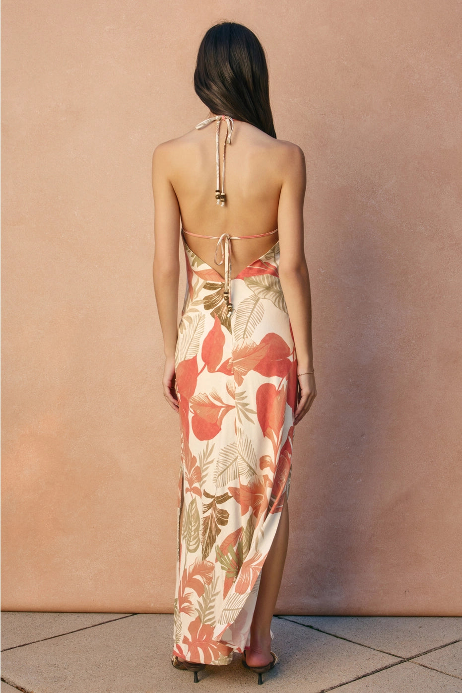 Tropical Leaf Halter Maxi Dress