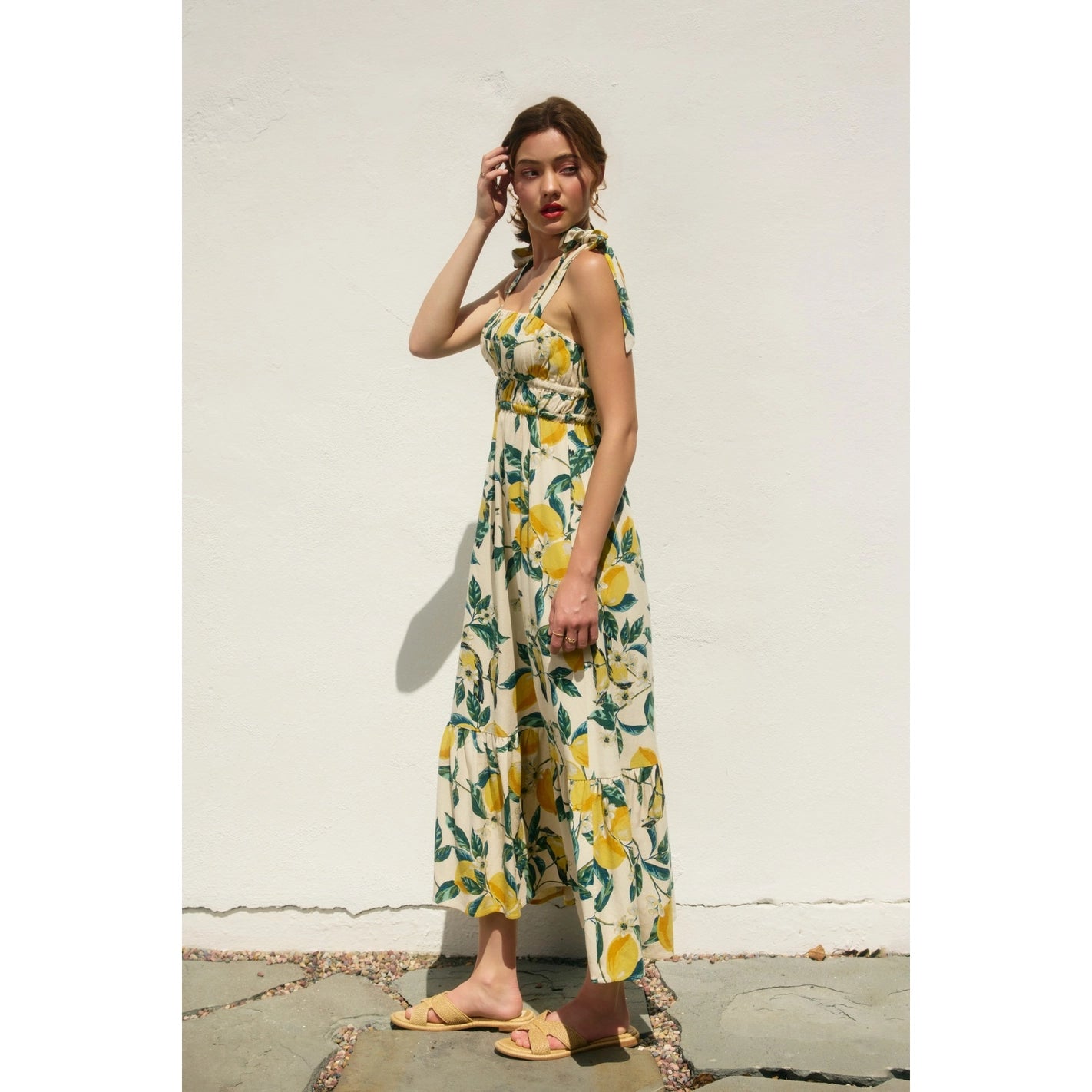 Lemon Print Ribbed Tie Maxi Dress