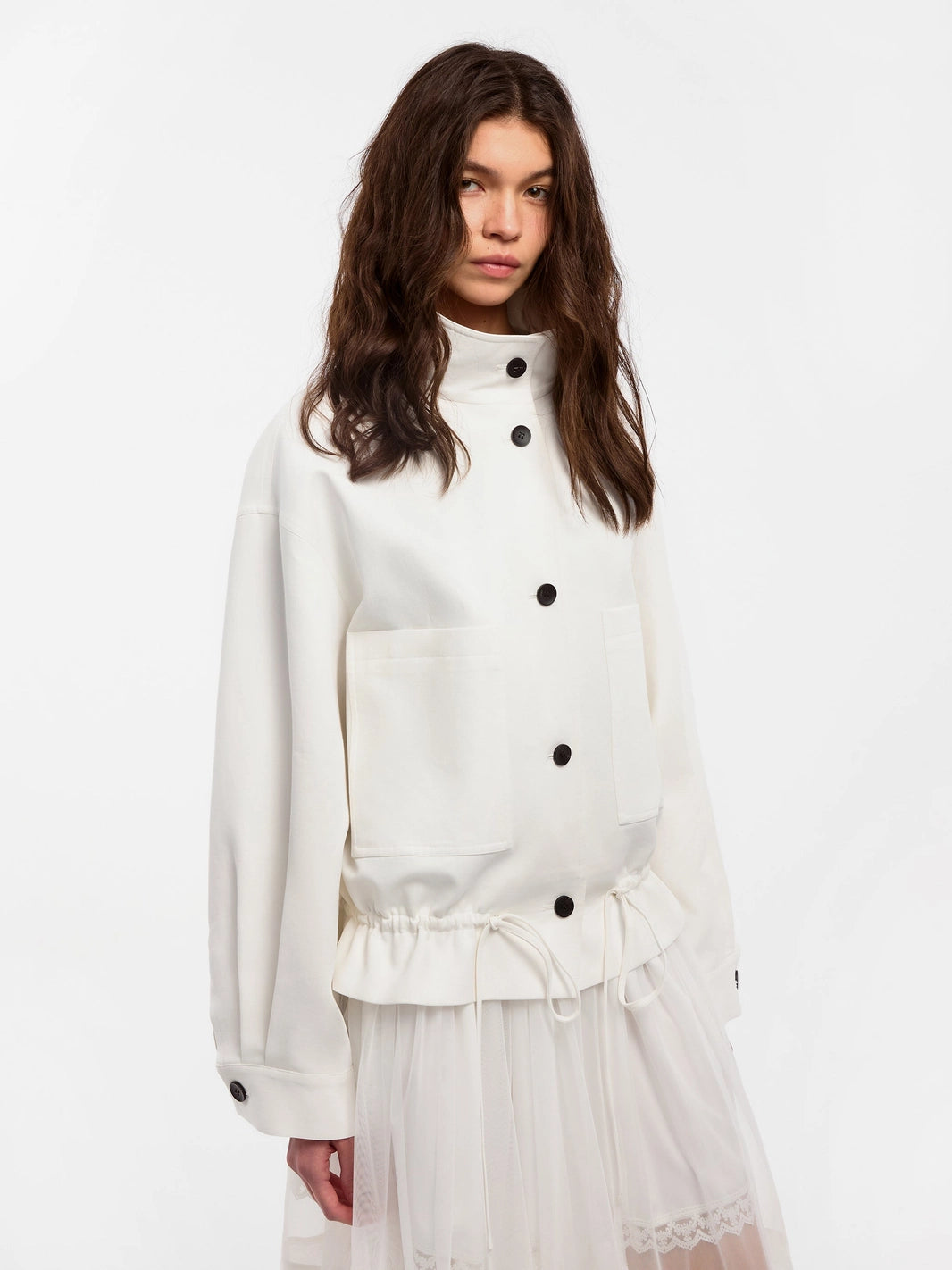 White Short Trench Coat with Drawstring Hem