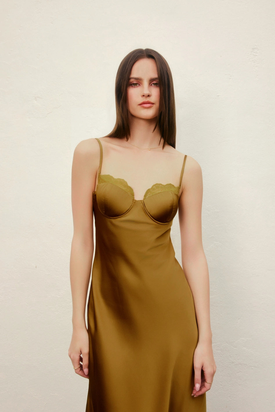 Alice - Olive Satin Lace Trim Slip Midi Dress