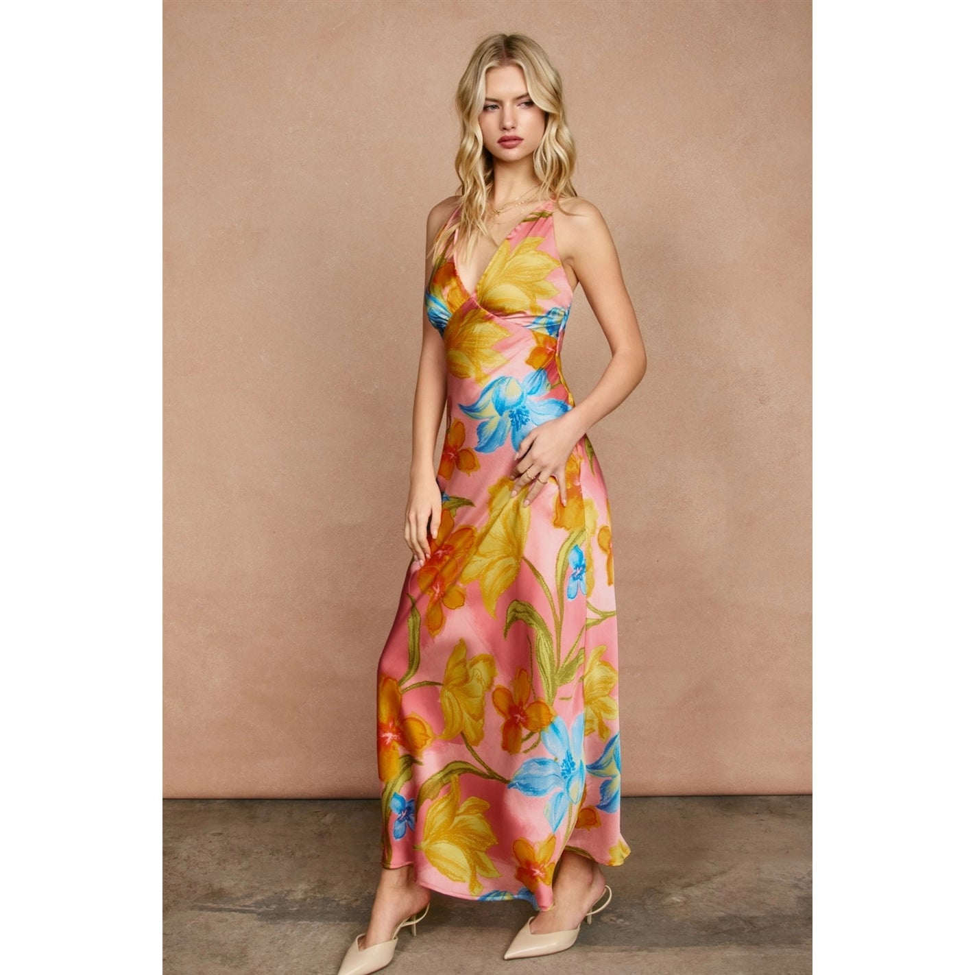 Open-Back Floral Satin Maxi Dress