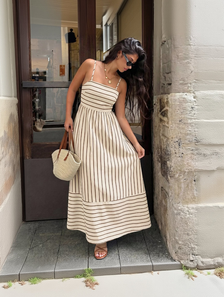 Woman in a striped dress standing against a stone wall.