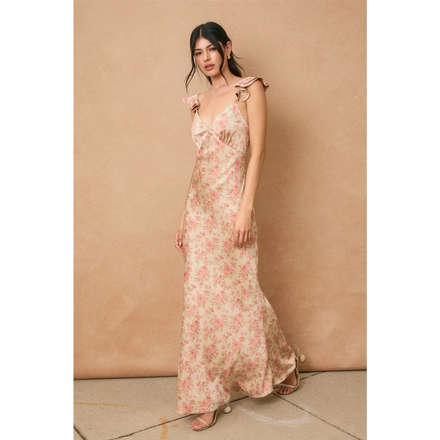 Wild Flower Floral Jacquard Satin Flutter Maxi Dress
