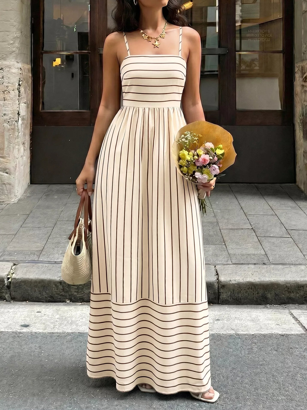 Woman in a long beige and black striped dress holding flowers and a bag on a city street.
