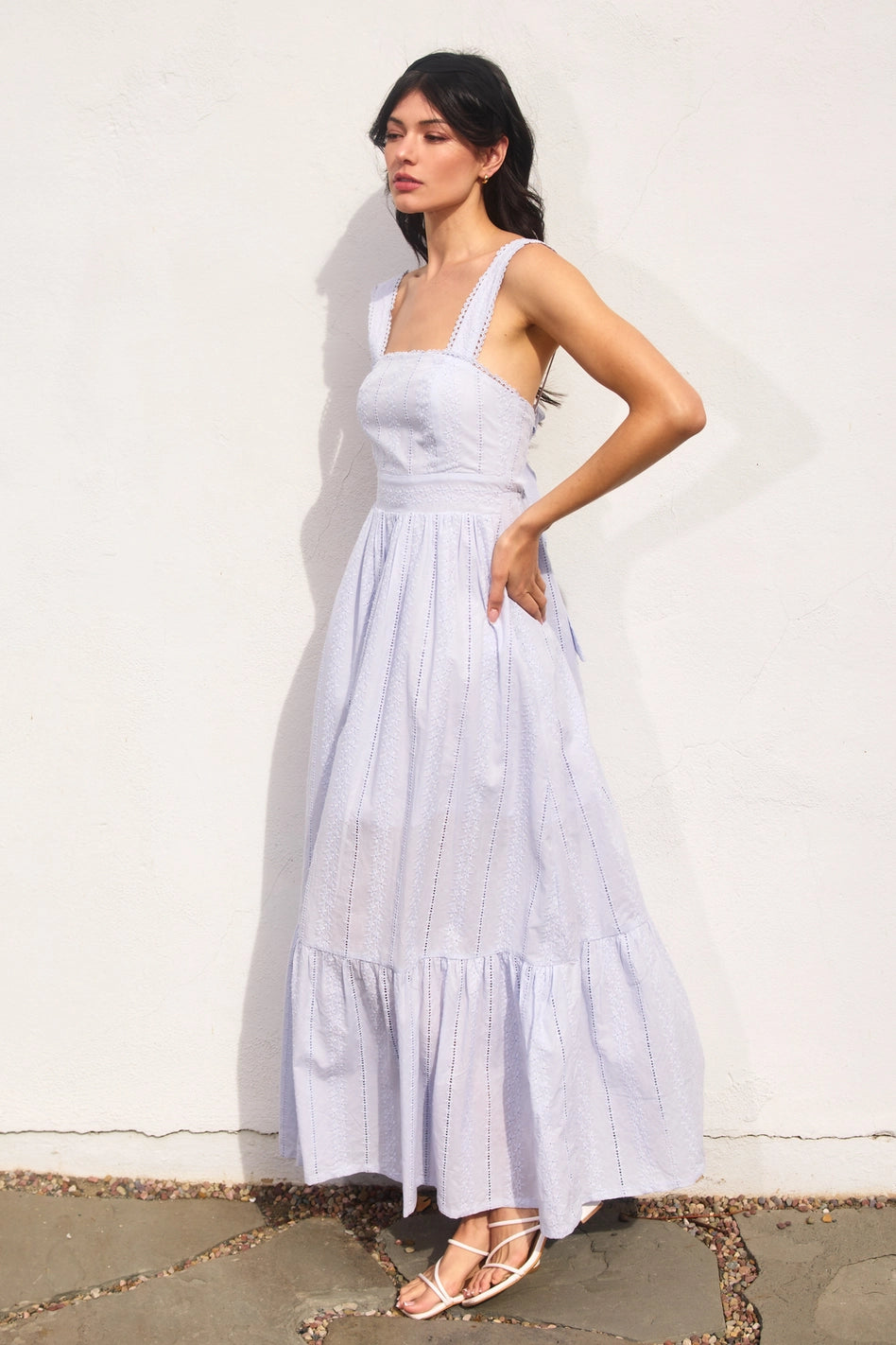Blue Sunbeam Eyelet Lace Trim Maxi Dress