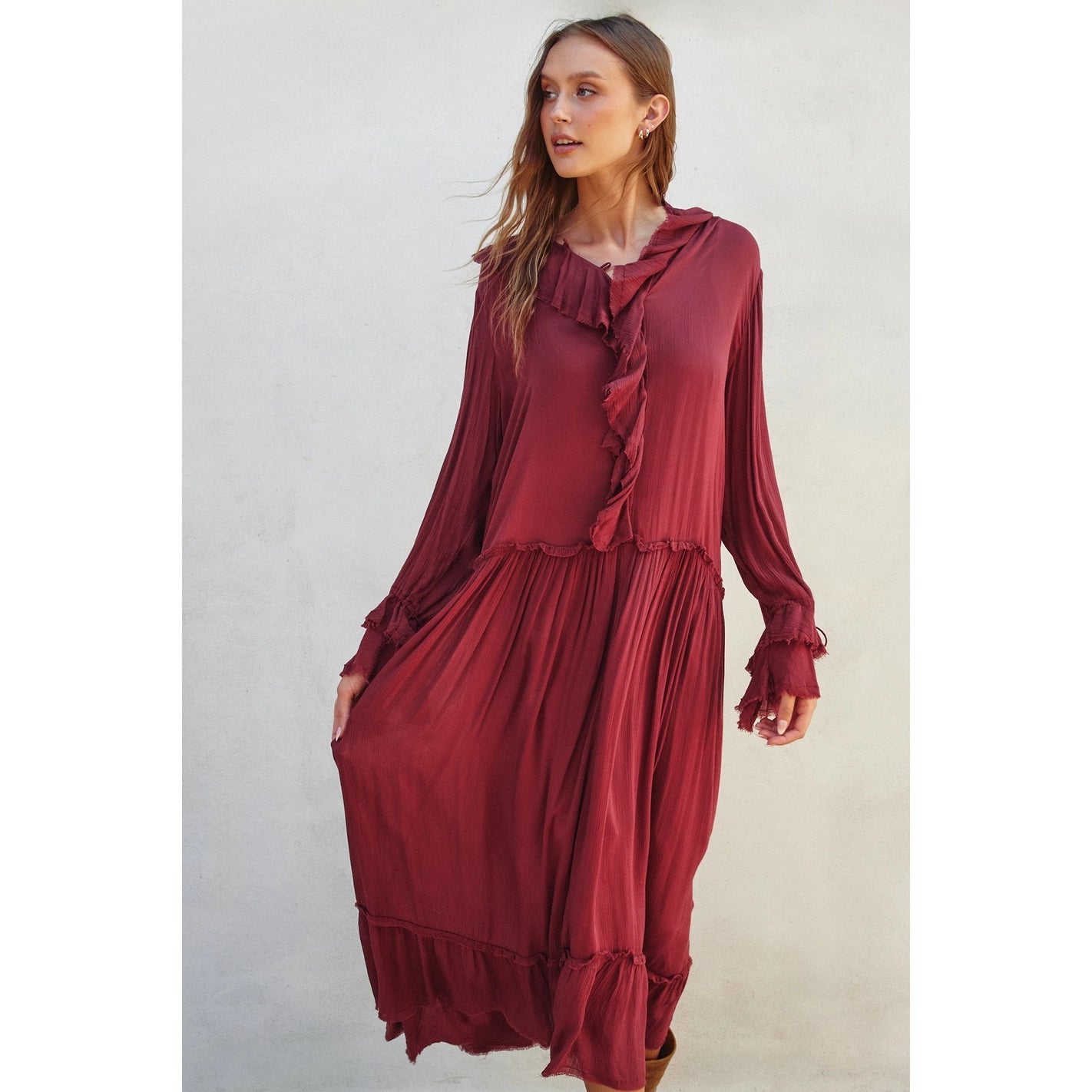 Burgundy Laidback Frill Maxi Dress