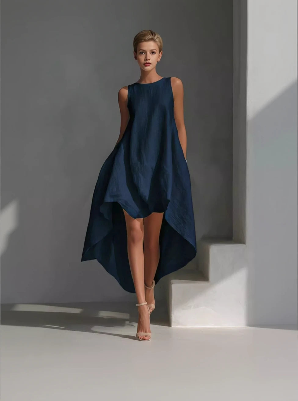 Woman wearing a navy blue dress against a gray background