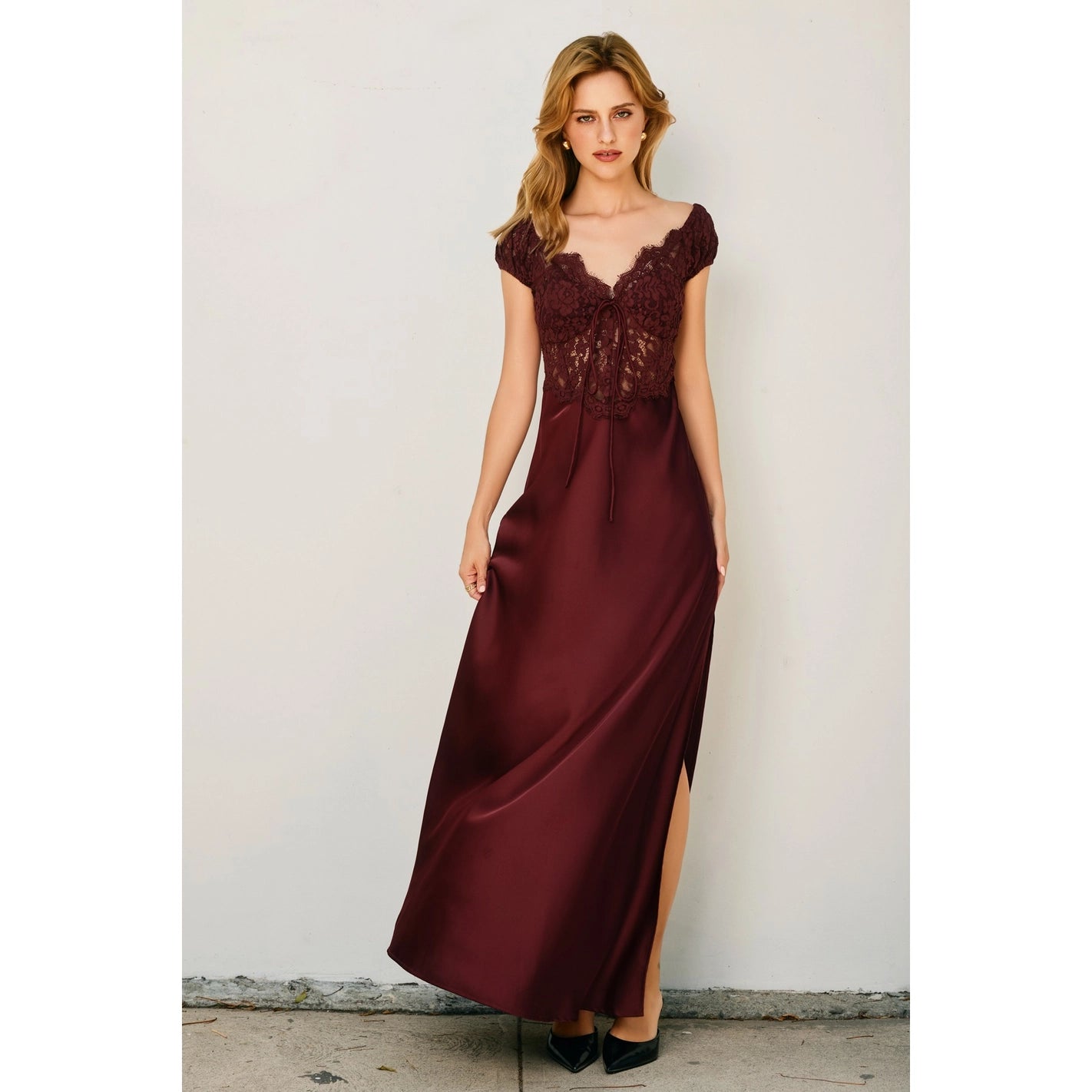 Angela - Burgundy Lace Maxi Dress