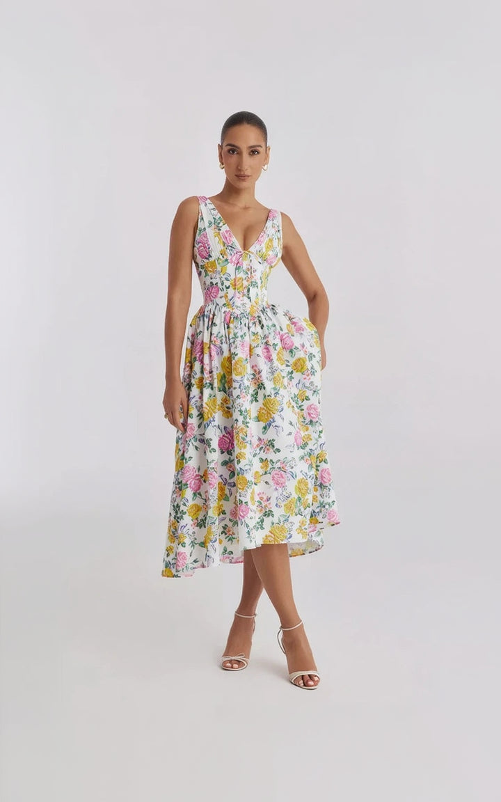 Woman wearing a floral dress on a white background