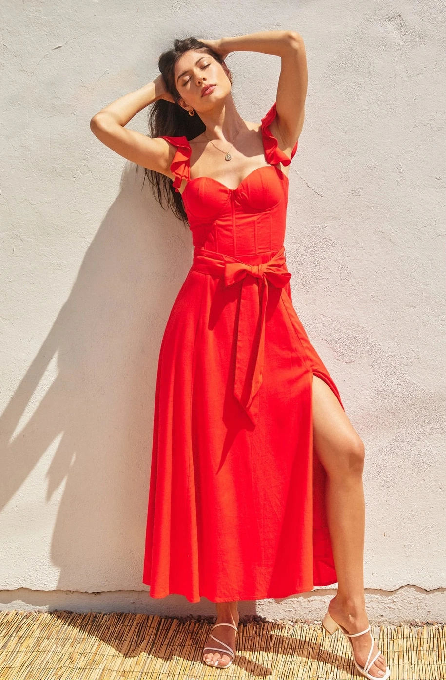 Red Corset Cotton Linen Maxi Dress