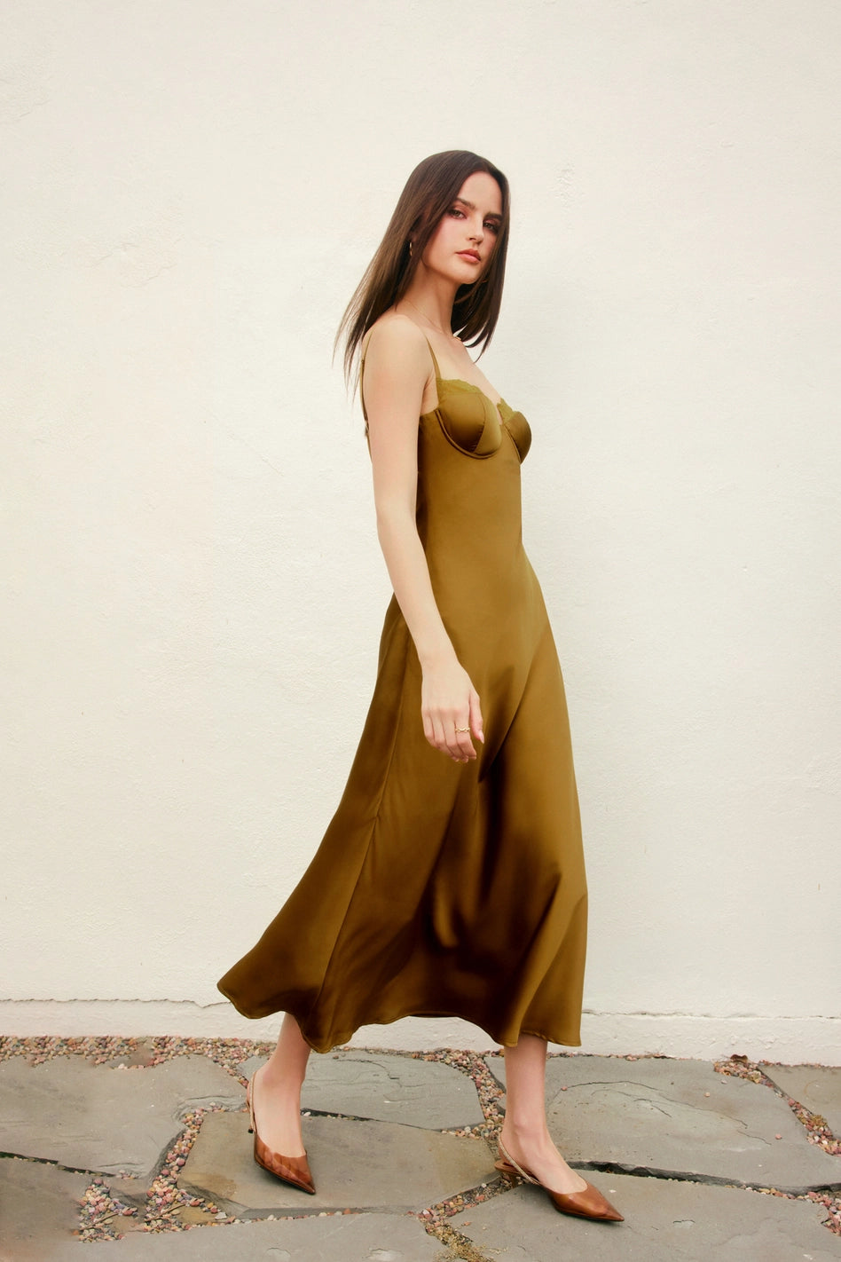 Alice - Olive Satin Lace Trim Slip Midi Dress