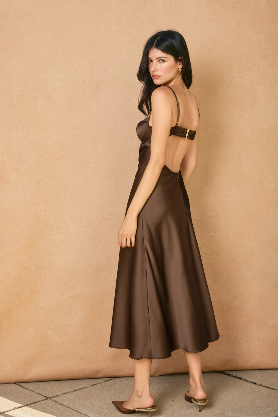 Alice - Brown Satin Lace Trim Slip Midi Dress