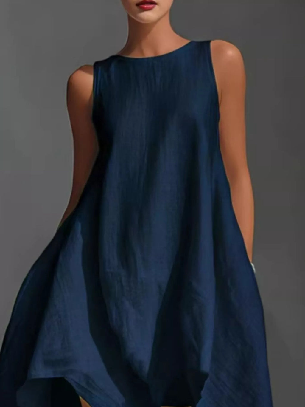 Woman wearing a blue sleeveless dress against a gray background