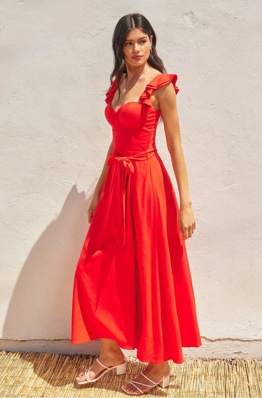 Red Corset Cotton Linen Maxi Dress