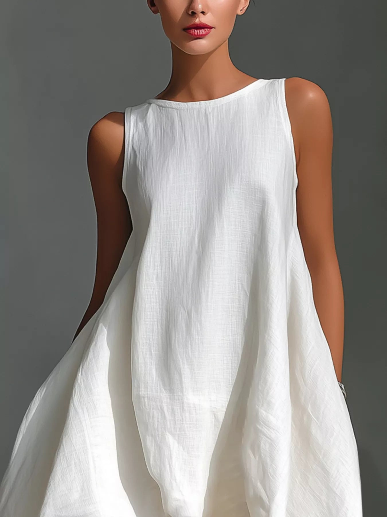Woman wearing a white sleeveless dress against a gray background