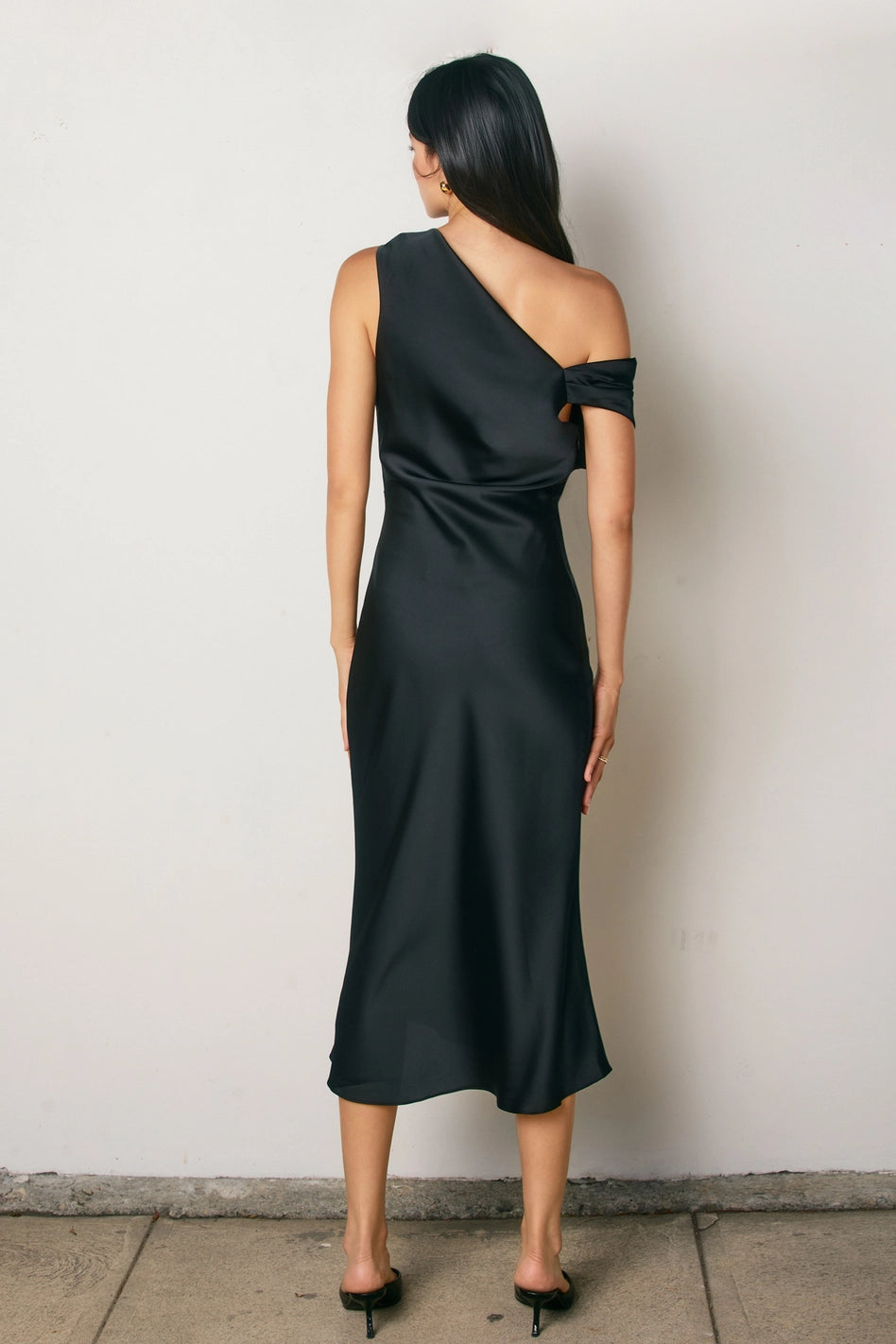 Cora Black Satin Off-Shoulder Ruched Midi Dress