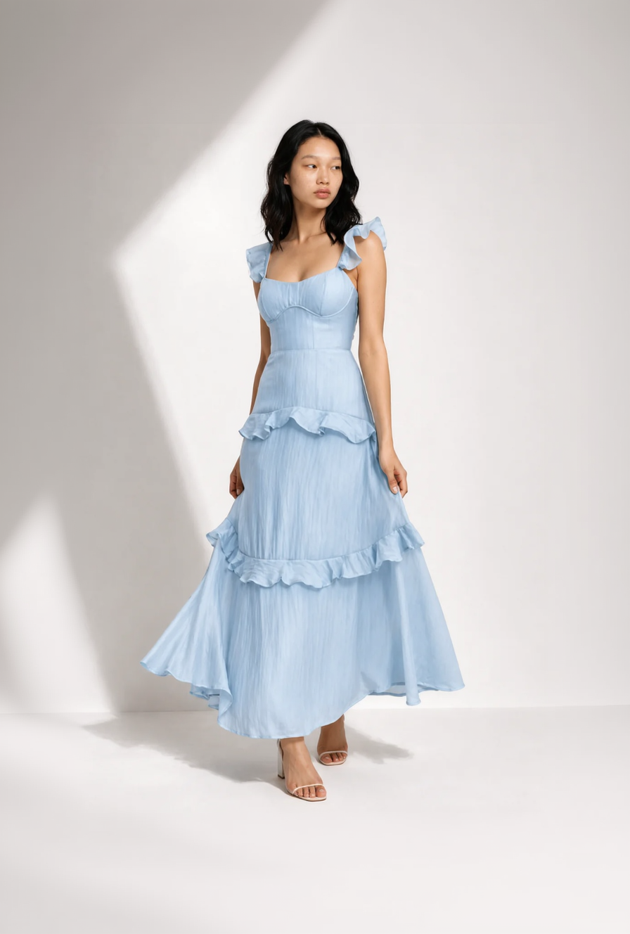 Woman wearing a light blue dress with ruffled details on a white background