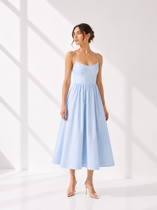 Woman wearing a light blue dress against a white background