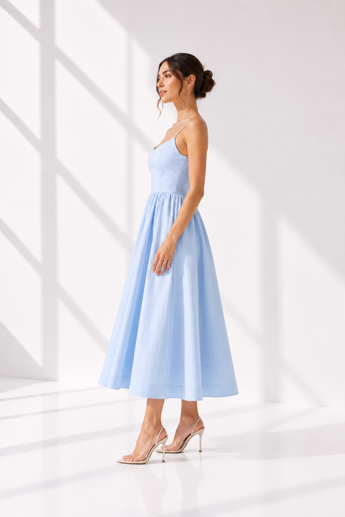Woman wearing a light blue dress against a white background
