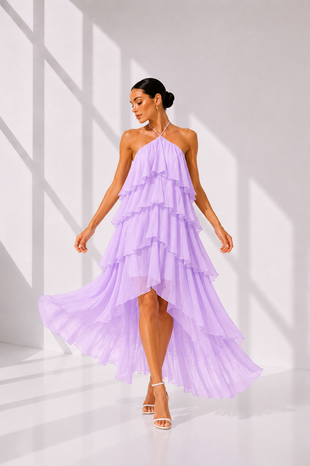 Lilac Layered Ruffle Halter Neck Midi Dress