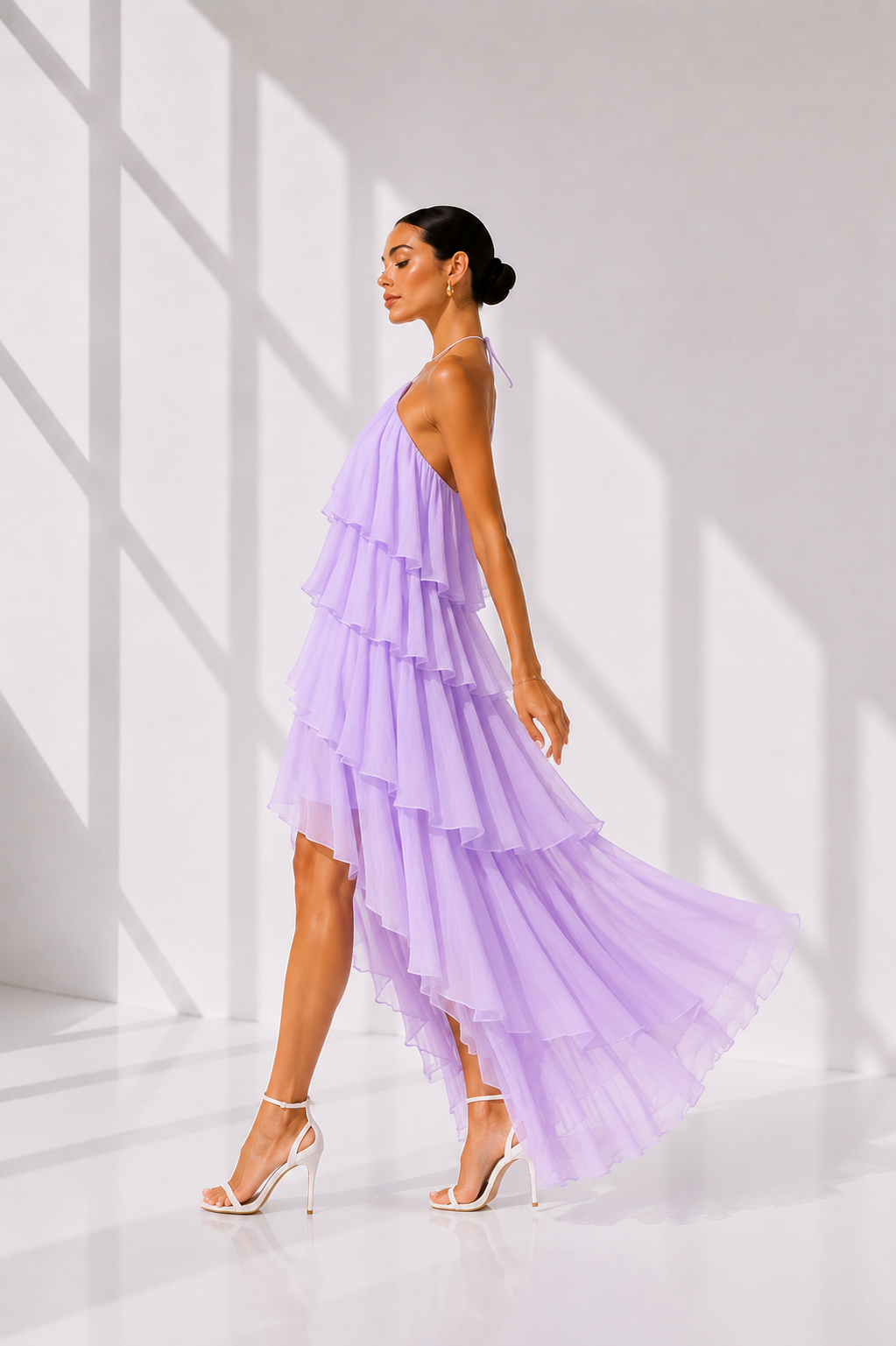 Lilac Layered Ruffle Halter Neck Midi Dress