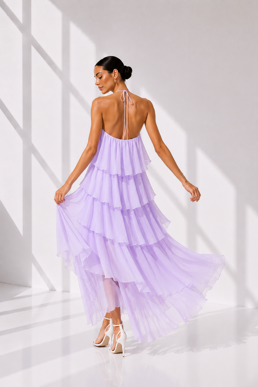 Lilac Layered Ruffle Halter Neck Midi Dress