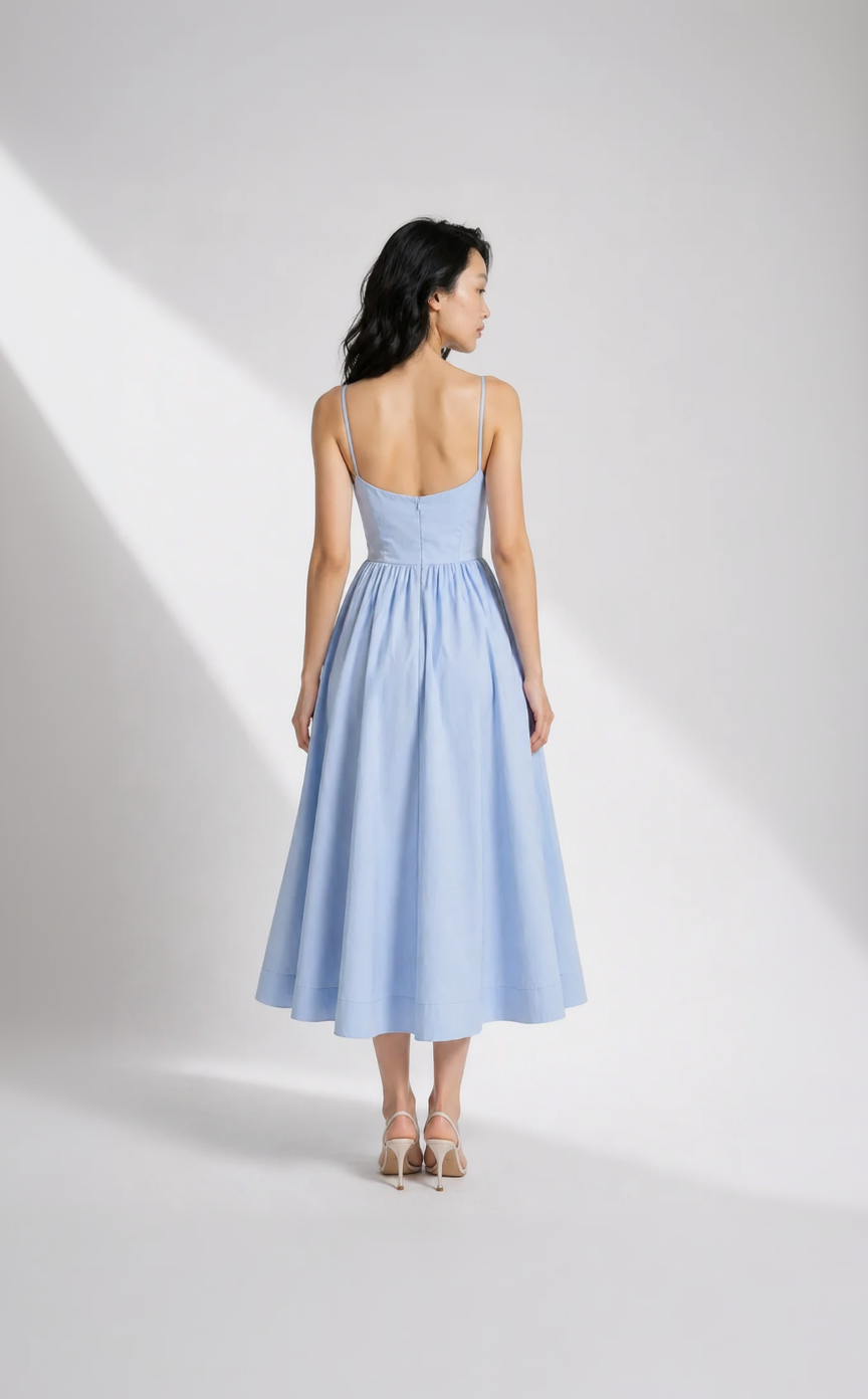 Woman wearing a light blue dress with thin straps on a white background