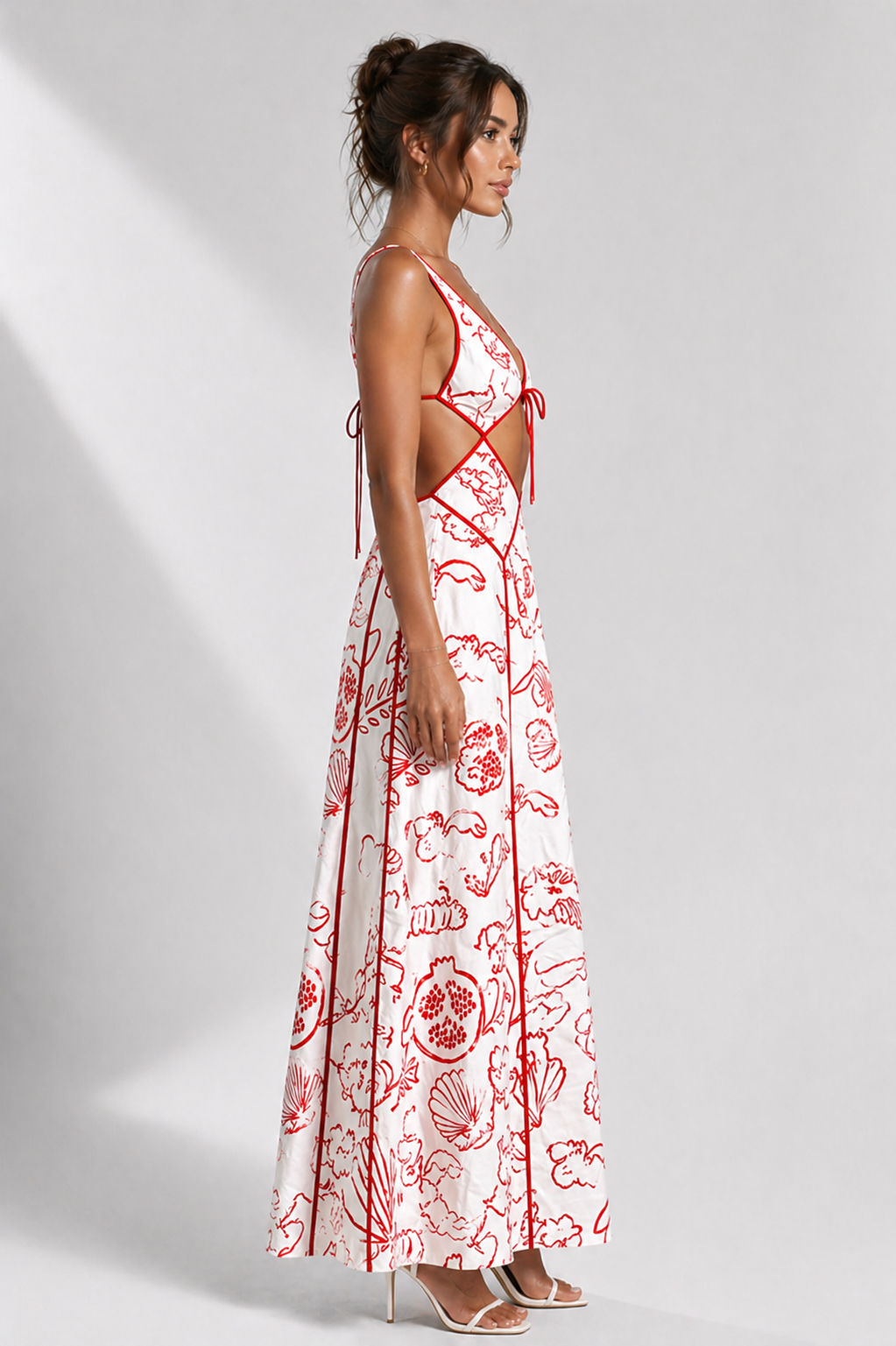 Cutout Backless Printed Maxi Dress In Red