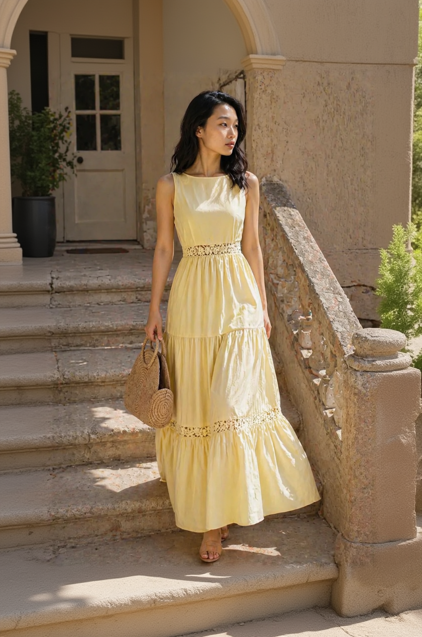 Woman in a yellow dress standing on stone steps outdoors