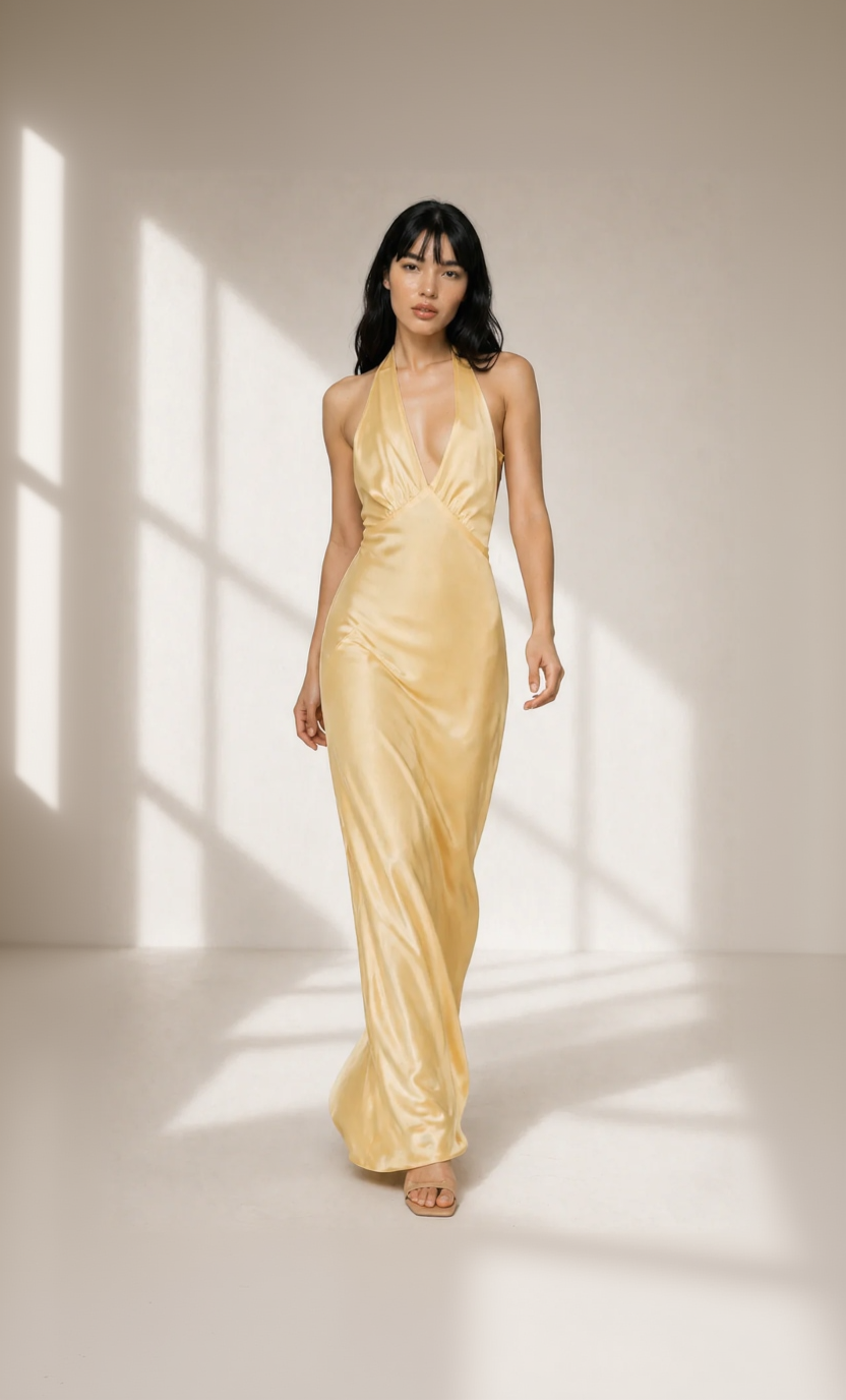 Woman wearing a yellow evening gown against a neutral background