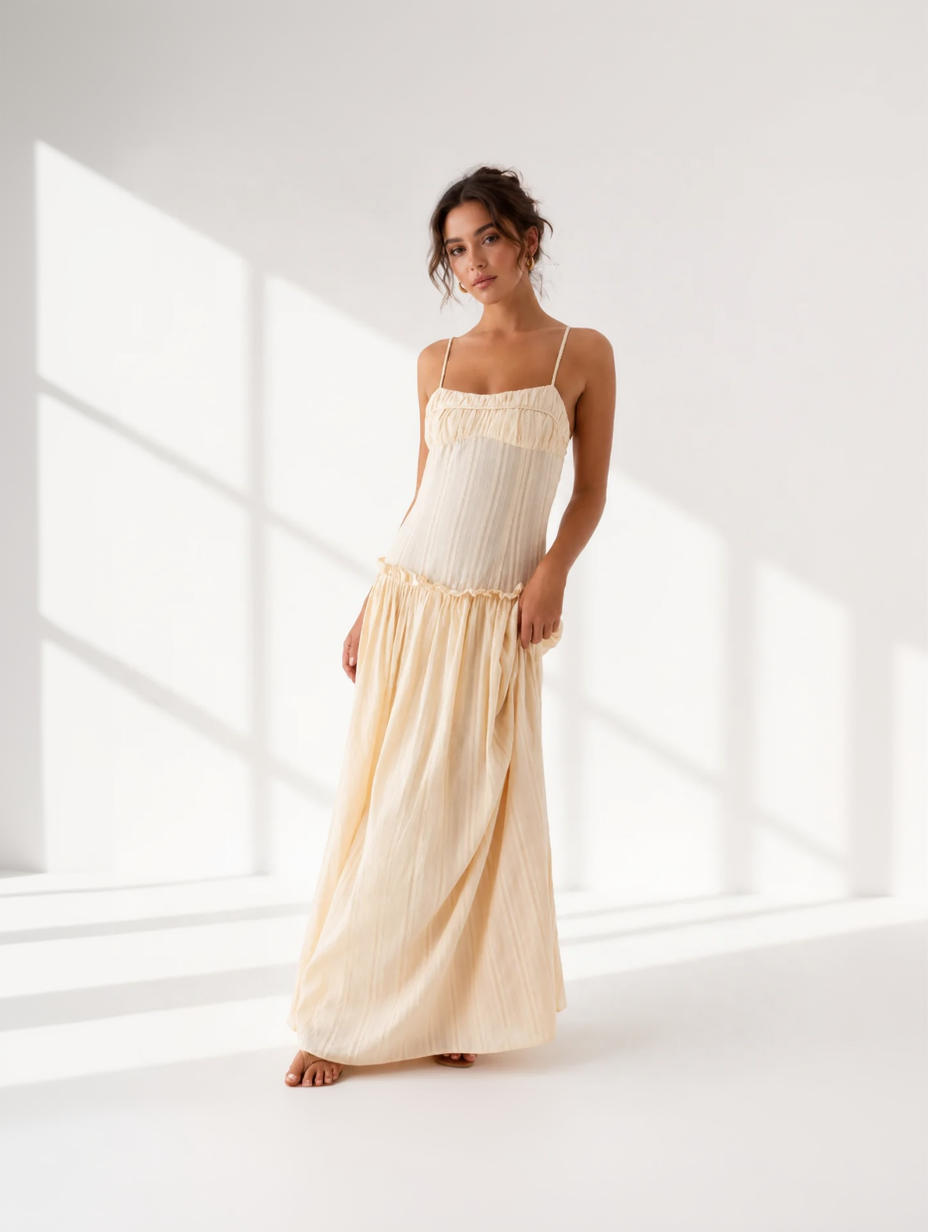 Woman wearing a two-tone dress with a white top and beige skirt against a white background