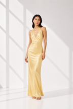 Woman wearing a gold evening gown in a white room with sunlight filtering through.