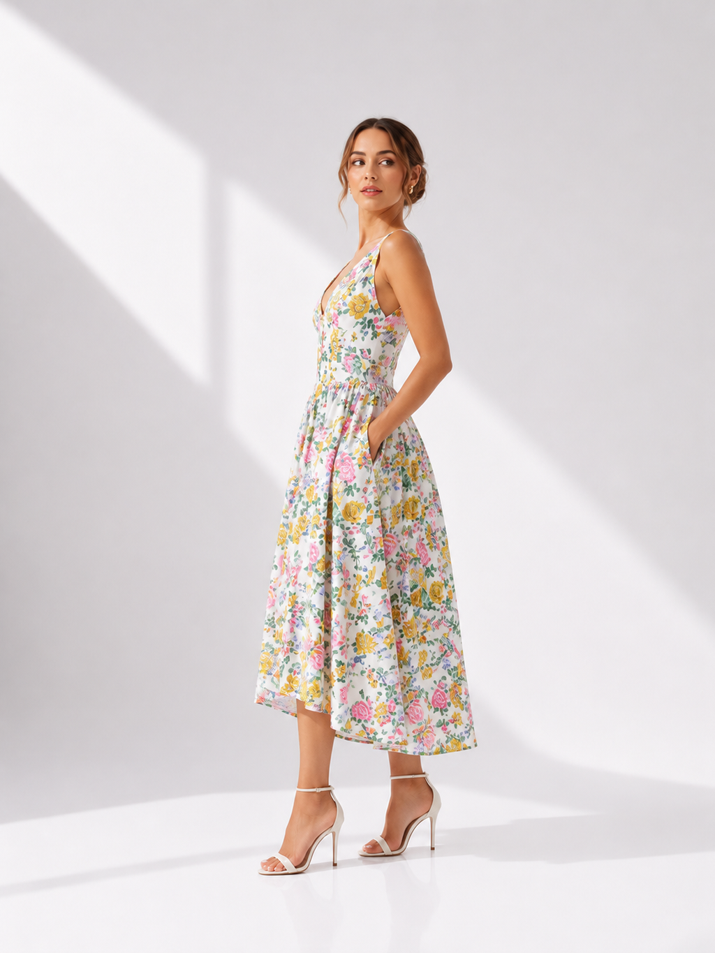 Woman wearing a floral dress on a white background