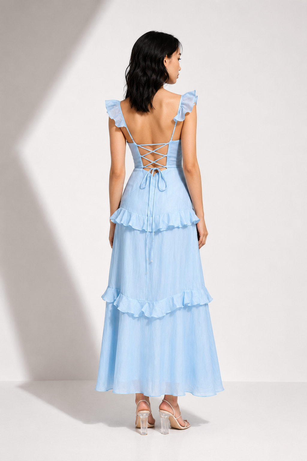Ruffled Lace Up Back Maxi Dress
