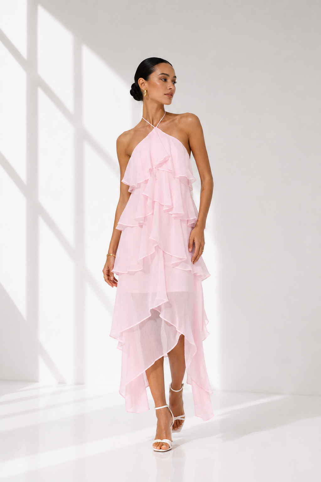 Pink Layered Ruffle Halter Neck Midi Dress