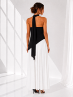 Black & White Asymmetric Corset Neck Tie Slit Maxi Dress