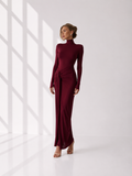 Woman wearing a burgundy dress with long sleeves and a high neckline.