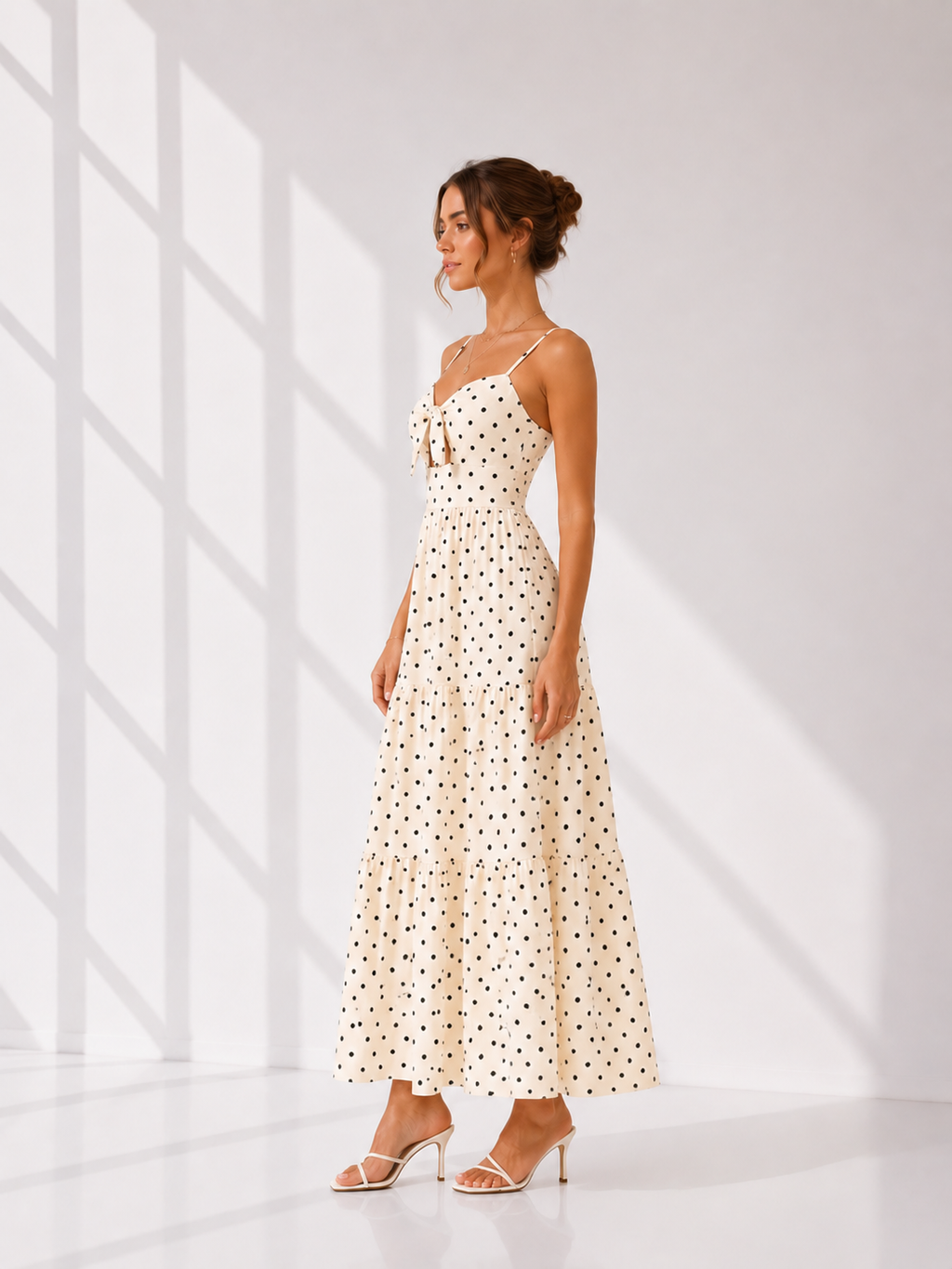 Woman wearing a polka dot dress standing in a bright room with white walls.