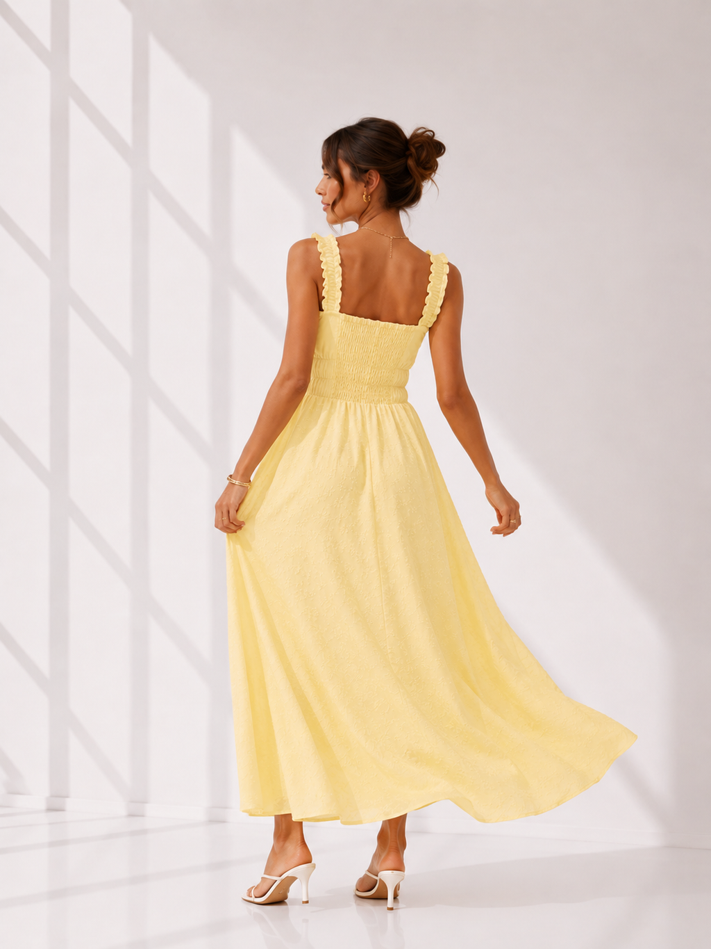 Lemon Frill Strap Tie-Front Smocked Waist Maxi Dress back view