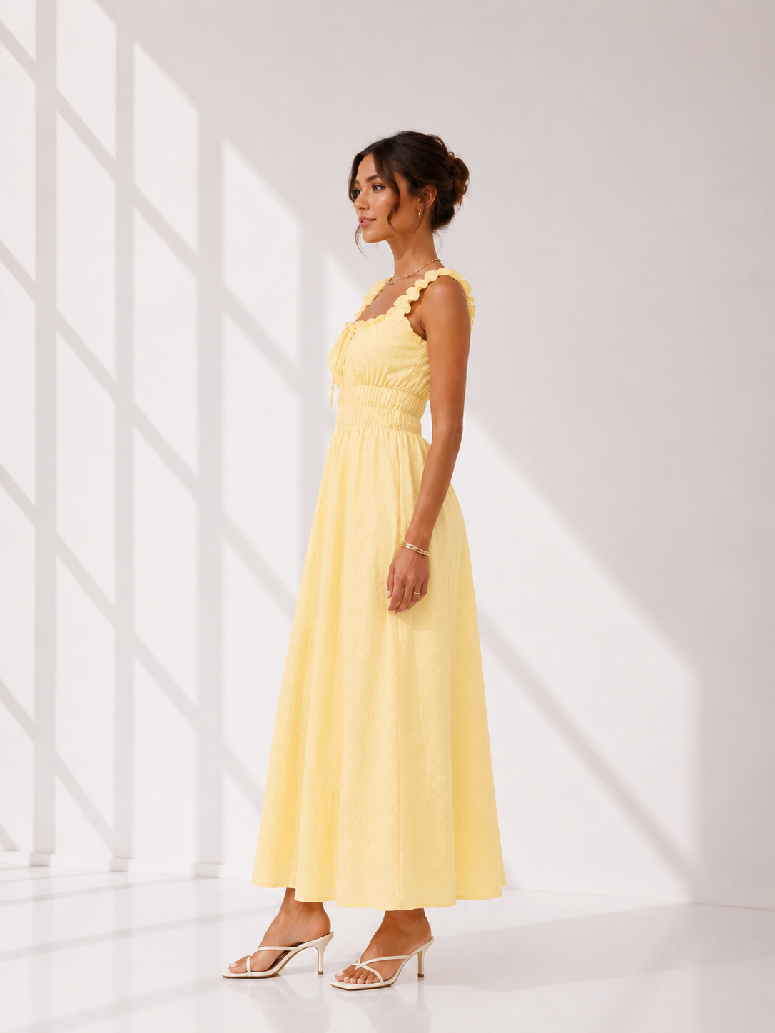 Lemon Frill Strap Tie-Front Smocked Waist Maxi Dress
