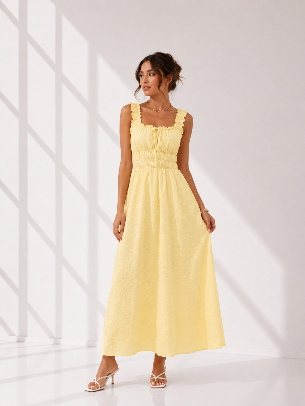 Lemon Frill Strap Tie-Front Smocked Waist Maxi Dress